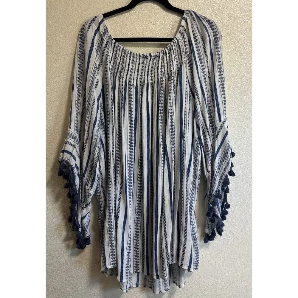 Striped Over the Shoulder Blouse Top Cover Up Coastal Boho Beach Plus Size 3X - Picture 2 of 8